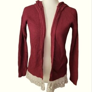 LACE trim waffle knit lightweight thermal hooded cardigan